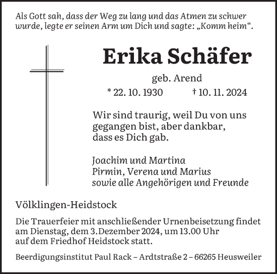 Traueranzeige von Erika Schäfer von saarbruecker_zeitung