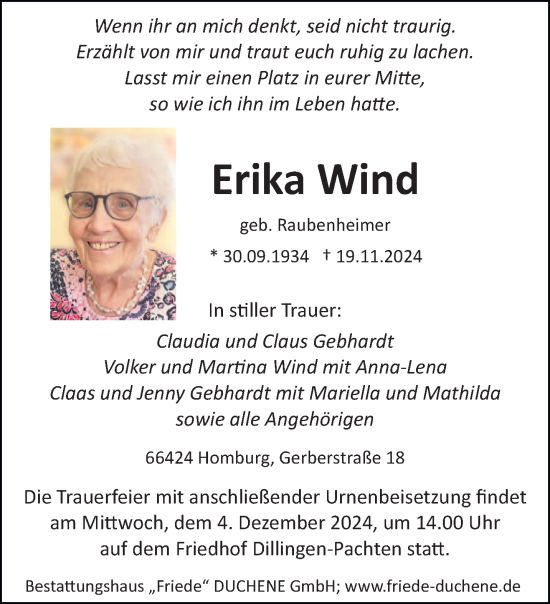 Traueranzeige von Erika Wind von saarbruecker_zeitung