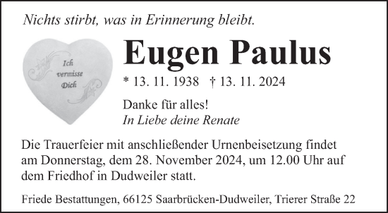 Traueranzeige von Eugen Paulus von saarbruecker_zeitung