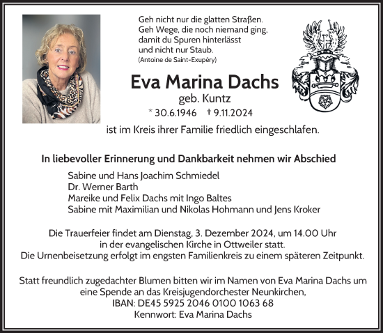 Traueranzeige von Eva Marina Dachs von saarbruecker_zeitung