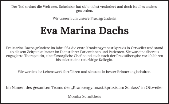 Traueranzeige von Eva Marina Dachs von saarbruecker_zeitung