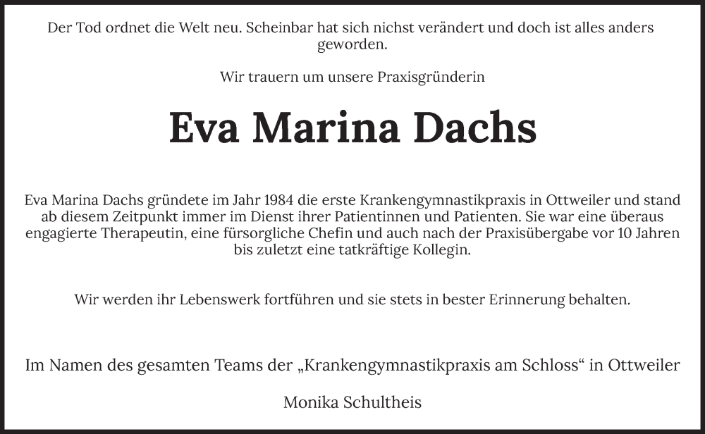  Traueranzeige für Eva Marina Dachs vom 16.11.2024 aus saarbruecker_zeitung