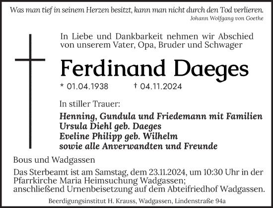 Traueranzeige von Ferdinand Daeges von saarbruecker_zeitung