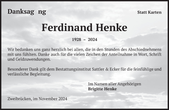 Traueranzeige von Ferdinand Henke von saarbruecker_zeitung