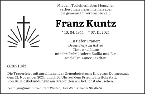 Traueranzeige von Franz Kuntz von saarbruecker_zeitung