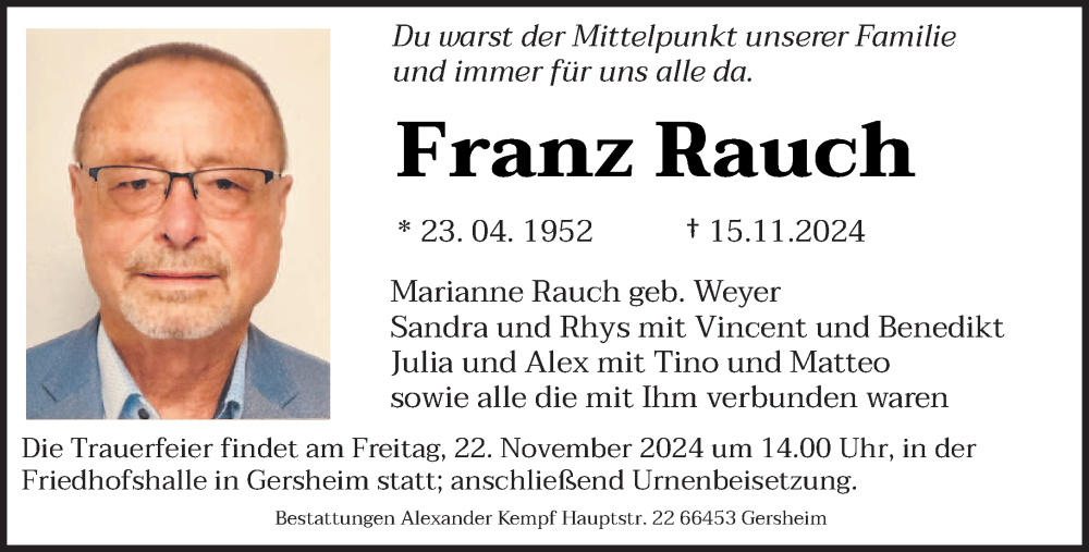  Traueranzeige für Franz Rauch vom 19.11.2024 aus saarbruecker_zeitung