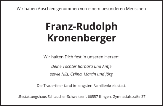 Traueranzeige von Franz-Rudolph Kronenberger von saarbruecker_zeitung