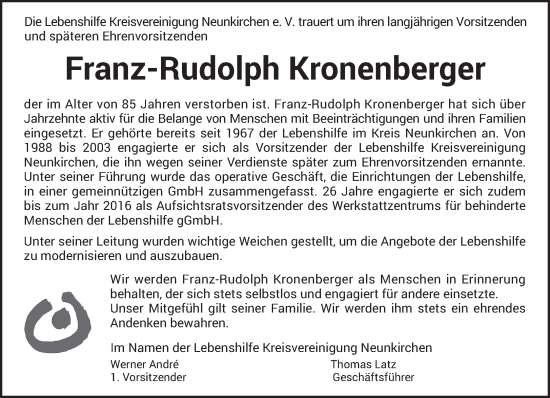 Traueranzeige von Franz-Rudolph Kronenberger von saarbruecker_zeitung