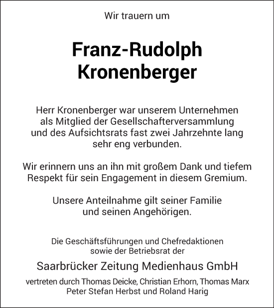 Traueranzeige von Franz-Rudolph Kronenberger von saarbruecker_zeitung