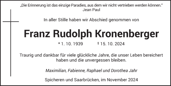 Traueranzeige von Franz Rudolph Kronenberger von saarbruecker_zeitung