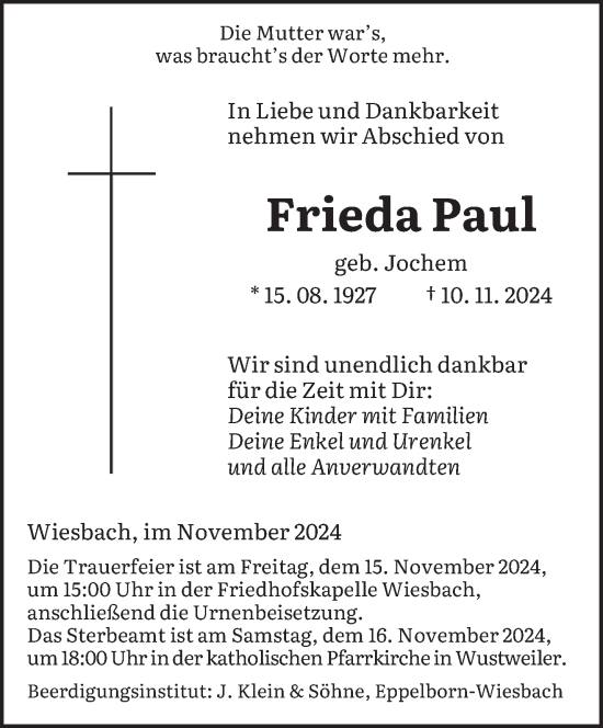 Traueranzeige von Frieda Paul von saarbruecker_zeitung