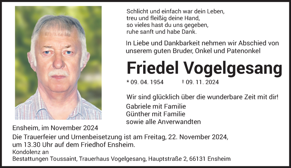  Traueranzeige für Friedel Vogelgesang vom 16.11.2024 aus saarbruecker_zeitung