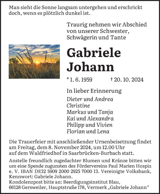 Traueranzeige von Gabriele Johann von saarbruecker_zeitung