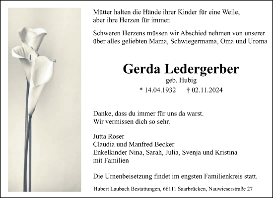 Traueranzeige von Gerda Ledergerber von saarbruecker_zeitung