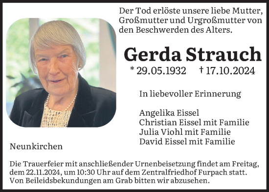 Traueranzeige von Gerda Strauch von saarbruecker_zeitung