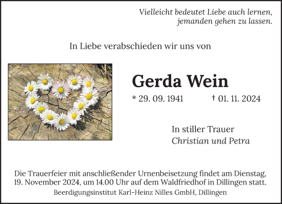 Traueranzeige von Gerda Wein von saarbruecker_zeitung