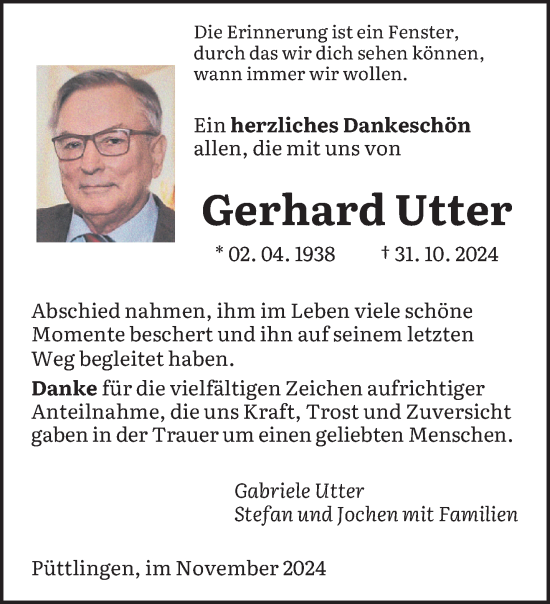 Traueranzeige von Gerhard Utter von saarbruecker_zeitung