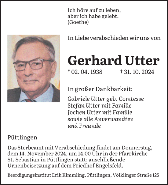 Traueranzeige von Gerhard Utter von saarbruecker_zeitung