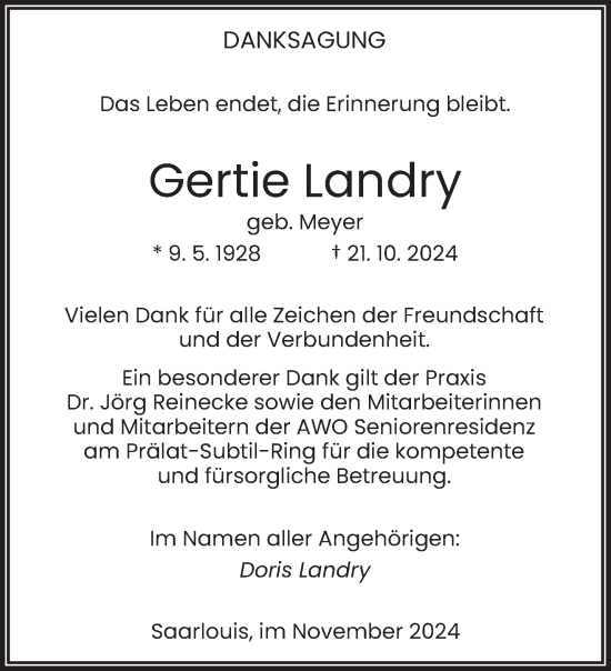 Traueranzeige von Gertie Landry von saarbruecker_zeitung