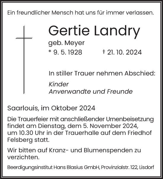 Traueranzeige von Gertie Landry von saarbruecker_zeitung