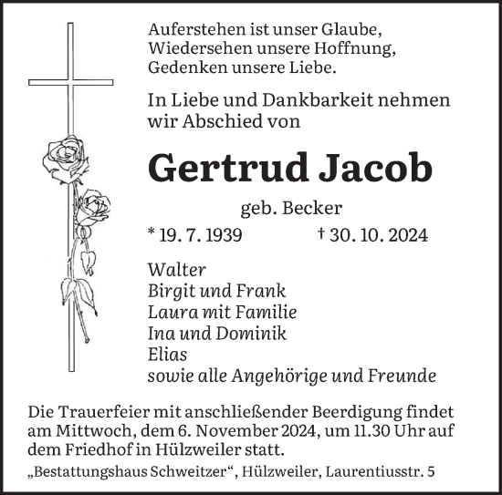 Traueranzeige von Gertrud Jacob von saarbruecker_zeitung