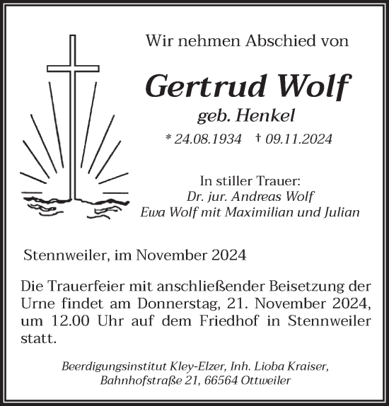 Traueranzeige von Gertrud Wolf von saarbruecker_zeitung