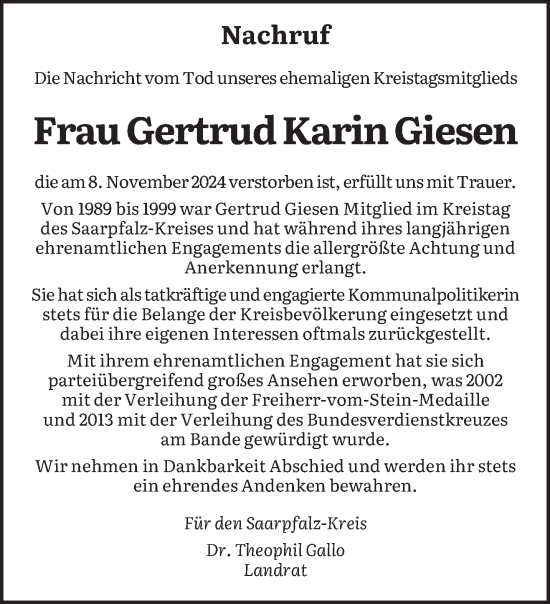 Traueranzeige von Gertrud Karin Giesen von saarbruecker_zeitung