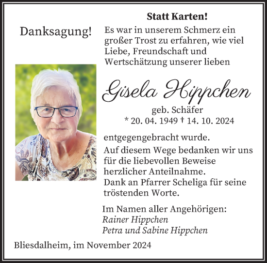 Traueranzeige von Gisela Hippchen von saarbruecker_zeitung