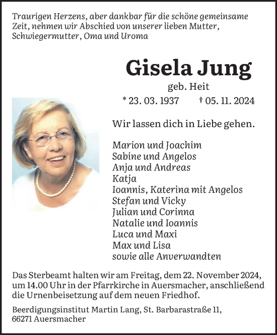 Traueranzeige von Gisela Jung von saarbruecker_zeitung