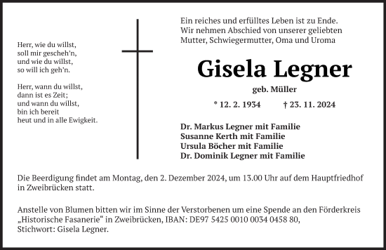 Traueranzeige von Gisela Legner von saarbruecker_zeitung