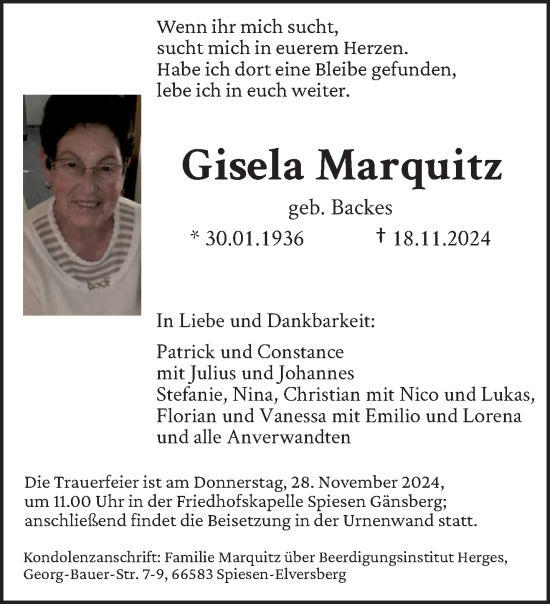 Traueranzeige von Gisela Marquitz von saarbruecker_zeitung