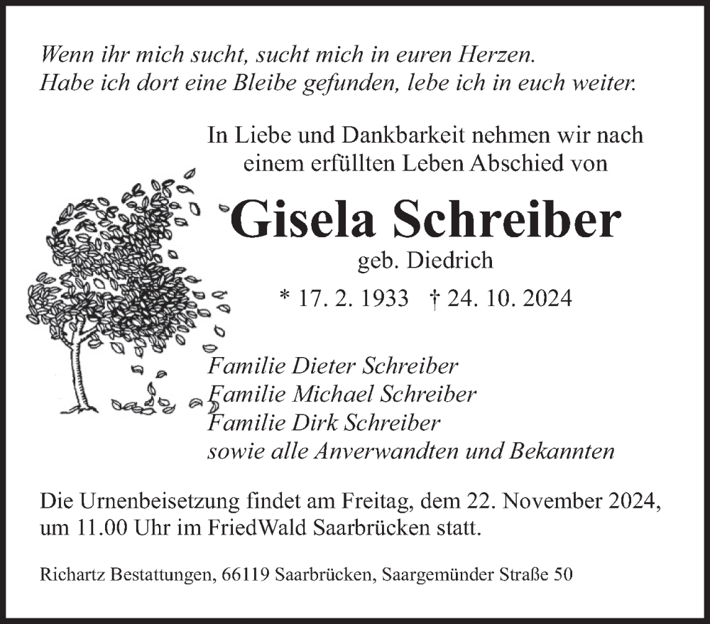  Traueranzeige für Gisela Schreiber vom 02.11.2024 aus saarbruecker_zeitung