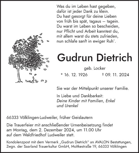 Traueranzeige von Gudrun Dietrich von saarbruecker_zeitung