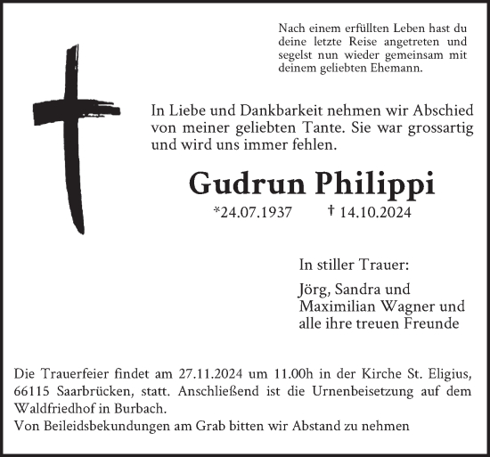 Traueranzeige von Gudrun Philippi von saarbruecker_zeitung