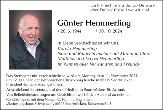 Traueranzeige von Günter Hemmerling von saarbruecker_zeitung