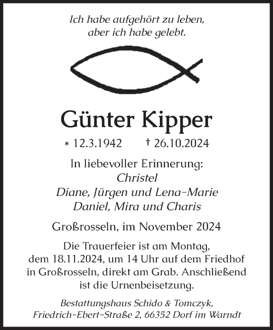 Traueranzeige von Günter Kipper von saarbruecker_zeitung