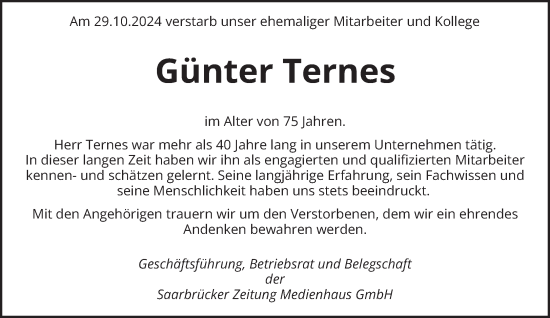 Traueranzeige von Günter Ternes von saarbruecker_zeitung