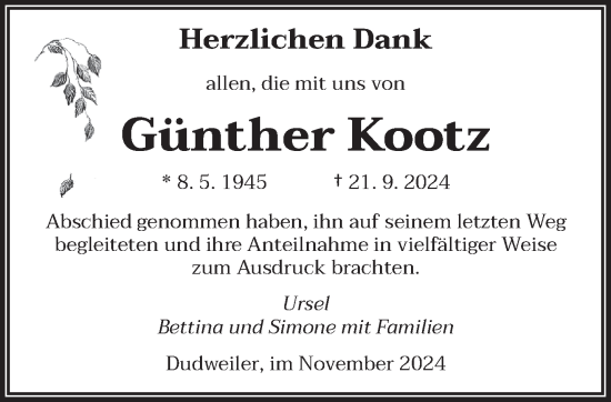 Traueranzeige von Günther Kootz von saarbruecker_zeitung