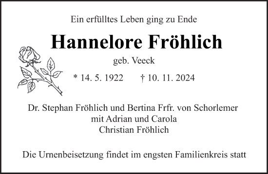 Traueranzeige von Hannelore Fröhlich von saarbruecker_zeitung