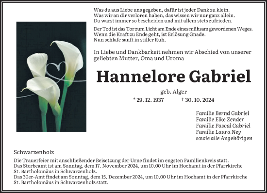 Traueranzeige von Hannelore Gabriel von saarbruecker_zeitung