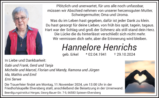 Traueranzeige von Hannelore Henrichs von saarbruecker_zeitung