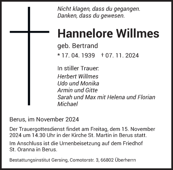 Traueranzeige von Hannelore Willmes von saarbruecker_zeitung