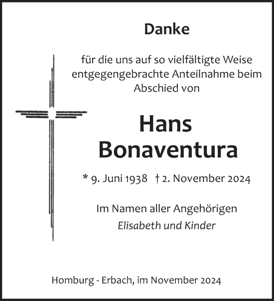 Traueranzeige von Hans Bonaventura von saarbruecker_zeitung