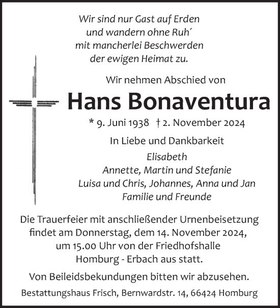 Traueranzeige von Hans Bonaventura von saarbruecker_zeitung