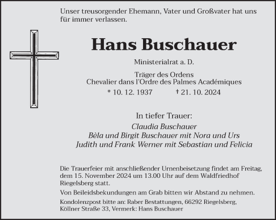 Traueranzeige von Hans Buschauer von saarbruecker_zeitung