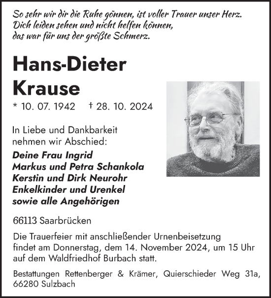 Traueranzeige von Hans-Dieter Krause von saarbruecker_zeitung