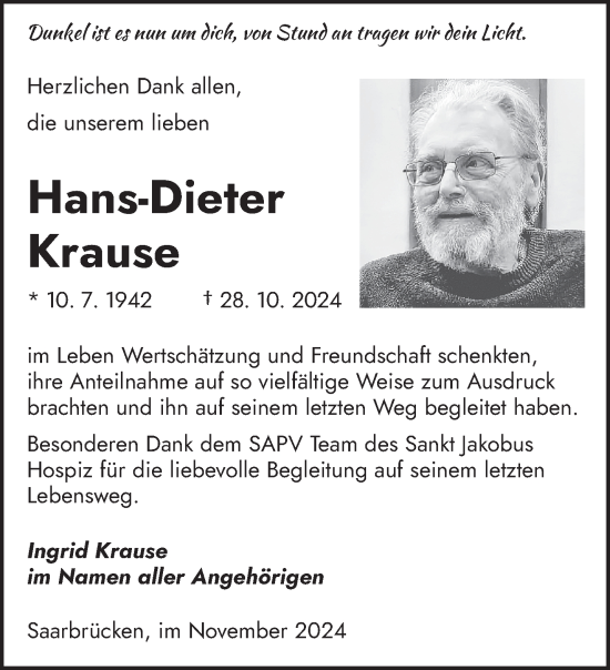 Traueranzeige von Hans-Dieter Krause von saarbruecker_zeitung