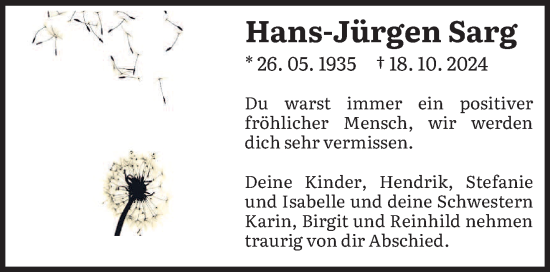 Traueranzeige von Hans-Jürgen Sarg von saarbruecker_zeitung