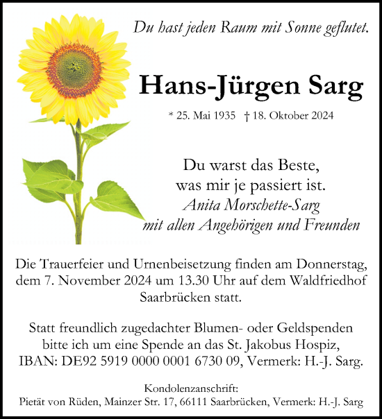 Traueranzeige von Hans-Jürgen Sarg von saarbruecker_zeitung