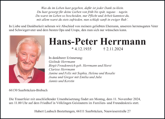 Traueranzeige von Hans-Peter Herrmann von saarbruecker_zeitung